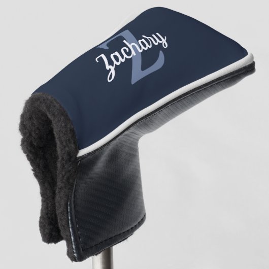 Navy Blauw Grijs Wit Monogram Persoonlijk Golfheadcover (3/4 voorkant)