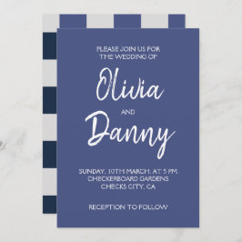 Navy Blauw Grijs Wit Schaakbord Bruiloft Kaart