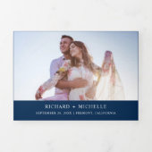 Navy Blauw Groen Palmbladeren Krans Foto Bruiloft Drieluik Uitnodiging (Cover)