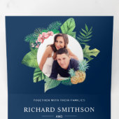 Navy Blauw Groen Palmbladeren Krans Foto Bruiloft Drieluik Uitnodiging (Binnenzijde eerst)