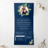 Navy Blauw Groen Palmbladeren Krans Foto Bruiloft Drieluik Uitnodiging (Binnen)