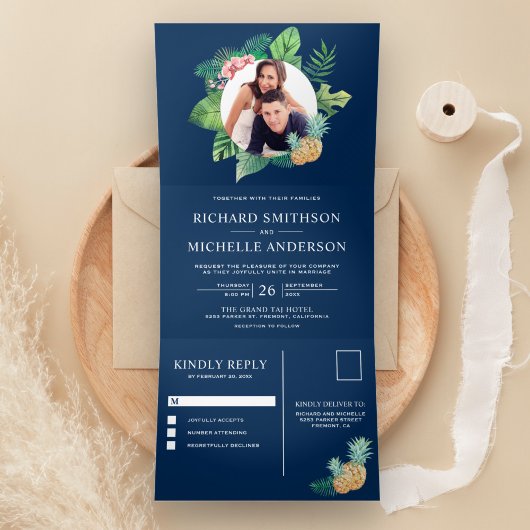 Navy Blauw Groen Palmbladeren Krans Foto Bruiloft Drieluik Uitnodiging