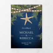 Navy Blauw Hout Tropisch Palmblad Zeester Bruiloft Drieluik Uitnodiging (Cover)