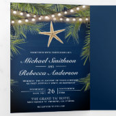 Navy Blauw Hout Tropisch Palmblad Zeester Bruiloft Drieluik Uitnodiging (Binnenzijde eerst)