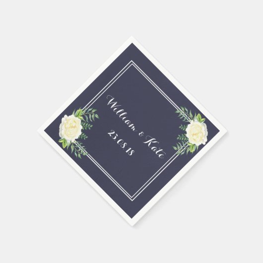 Navy blauw Ivoor Chic Roos bruiloft servetten (Hoek)