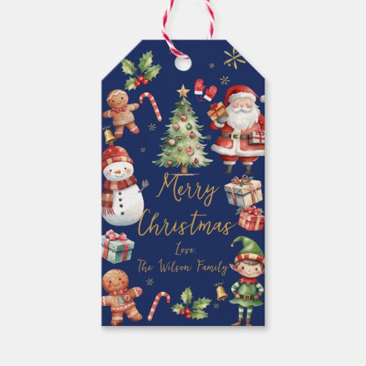 Navy Blauw Kerstmis Santa Elf Sneeuwman Gingerbrea Cadeaulabel (Voorkant)