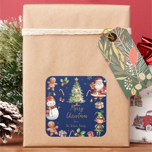Navy Blauw Kerstmis Santa Elf Sneeuwman Gingerbrea Vierkante Sticker (Feestdagen)
