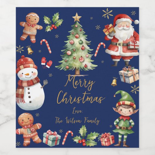 Navy Blauw Kerstmis Santa Elf Sneeuwman Gingerbrea Wijn Etiket (Enkel label)