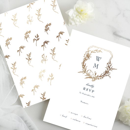 Navy Blauw klassiek wit goud kuif bruiloft RSVP Kaartje