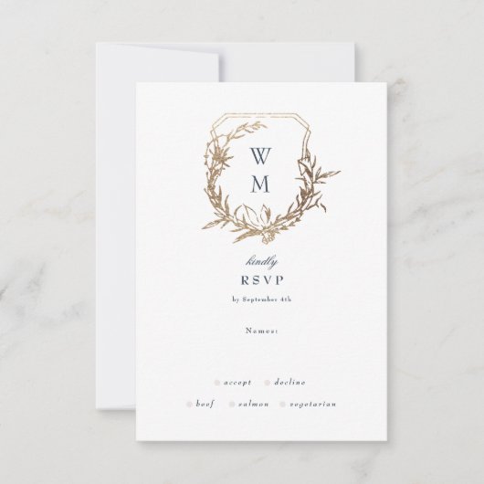 Navy Blauw klassiek wit goud kuif bruiloft RSVP Kaartje (Voorkant)