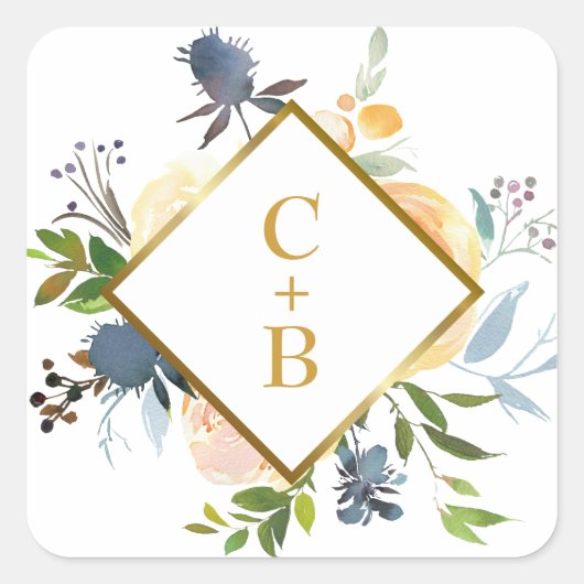 Navy Blauw Koraal Goud Waterverf Bloemen Bruiloft Vierkante Sticker (Voorkant)