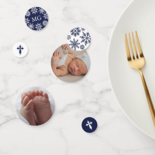 Navy Blauw Kruis Sneeuwvlokken Foto Winter Doop Confetti