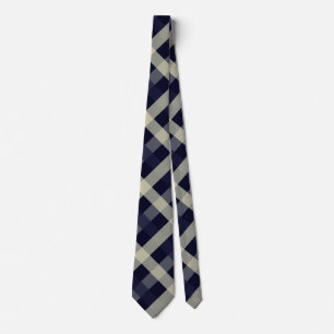 Navy blauw, licht beige, houtskool diagonaal gingh stropdas