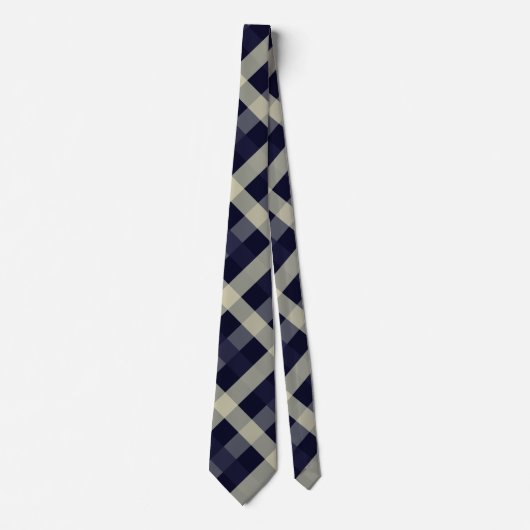 Navy blauw, licht beige, houtskool diagonaal gingh stropdas (Voorkant)