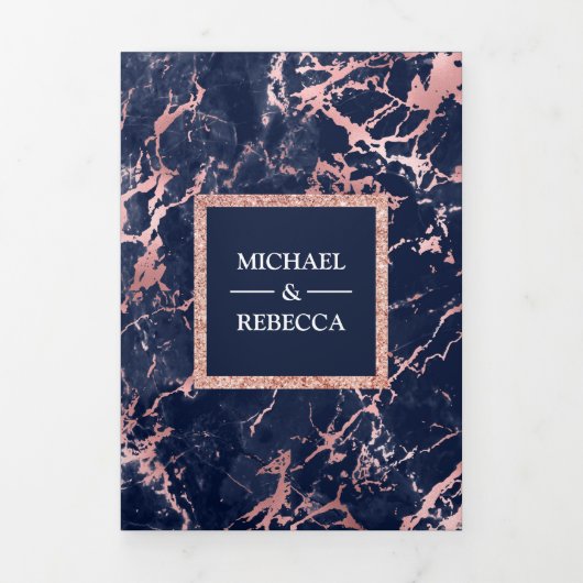Navy blauw marmer Roos gouden glitter foto bruilof Drieluik Uitnodiging (Cover)