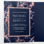 Navy blauw marmer Roos gouden glitter foto bruilof Drieluik Uitnodiging (Binnenzijde eerst)