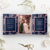 Navy blauw marmer Roos gouden glitter foto bruilof Drieluik Uitnodiging