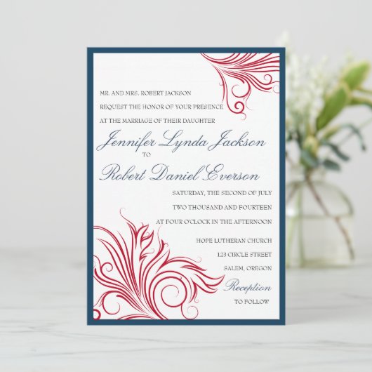 Navy blauw met uitnodiging voor de bruiloft met ro (Staand voorkant)