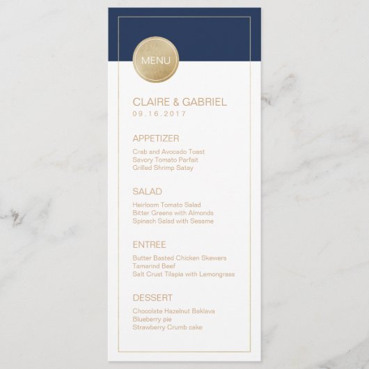 Navy blauw minimalistisch modern huwelijksmenu menu (Voorkant)