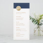 Navy blauw minimalistisch modern huwelijksmenu menu (Staand voorkant)