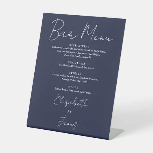 Navy Blauw Minimalistisch Script Bar Menu Reclamebord Met Voetstuk (Voorkant)