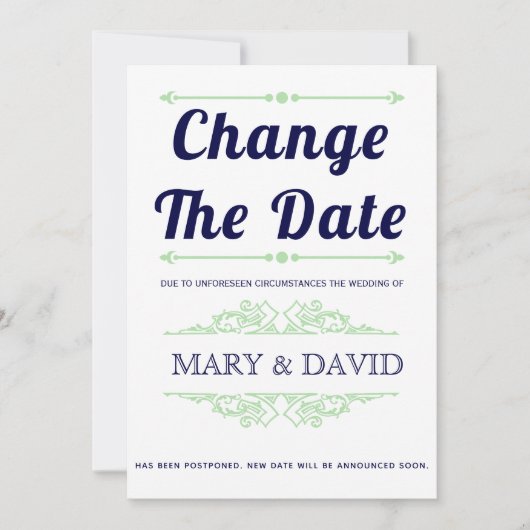 Navy blauw, munt groen Verander de Datum aankondig Save The Date (Voorkant)