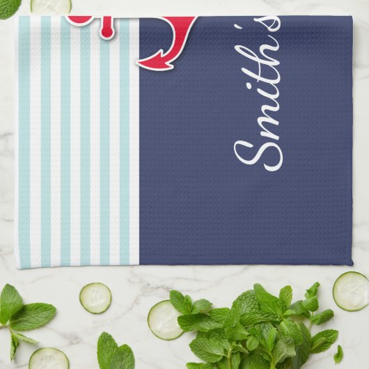 Navy blauw nautisch ontwerp aangepaste familienaam theedoek (Gevouwen)