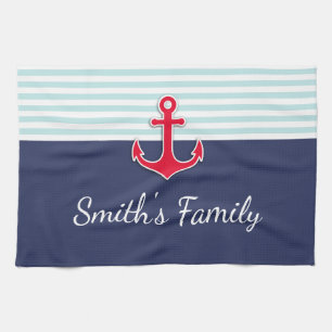 Navy blauw nautisch ontwerp aangepaste familienaam theedoek