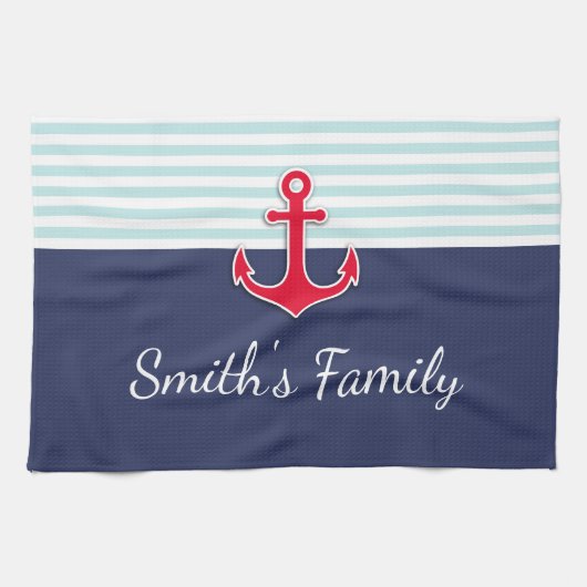 Navy blauw nautisch ontwerp aangepaste familienaam theedoek (Horizontaal)