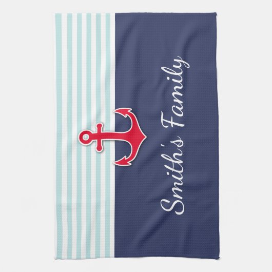 Navy blauw nautisch ontwerp aangepaste familienaam theedoek (Verticaal)