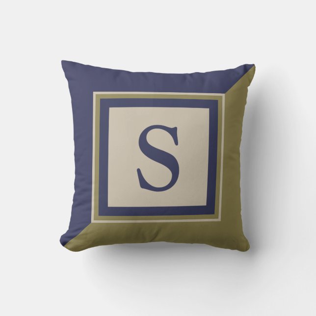 Navy Blauw Olijfgroen Tan Groot Monogram Kussen (Voorkant)