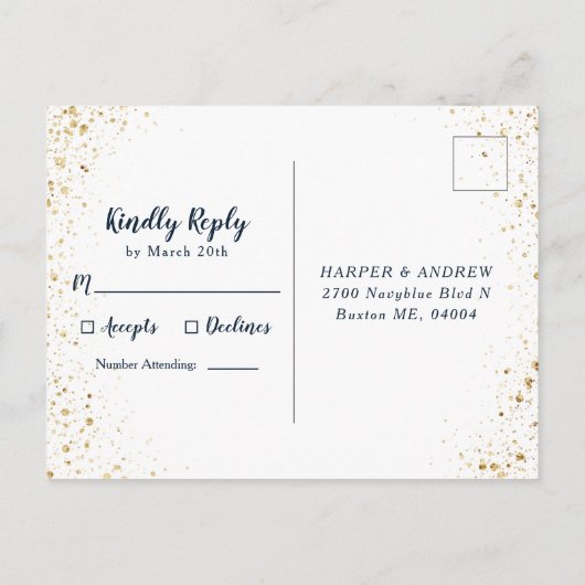Navy Blauw Ombre Goud Glitter Bruiloft RSVP Uitnodiging Briefkaart (Achterkant)