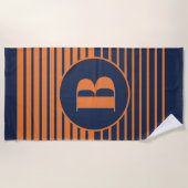 Navy Blauw Oranje Gestreepte Monogram Strandlaken (Voorkant)