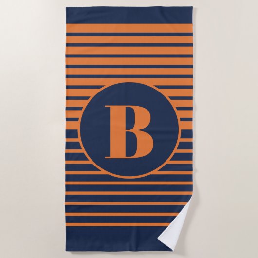 Navy Blauw Oranje Gestreepte Monogram Strandlaken (Voorkant)
