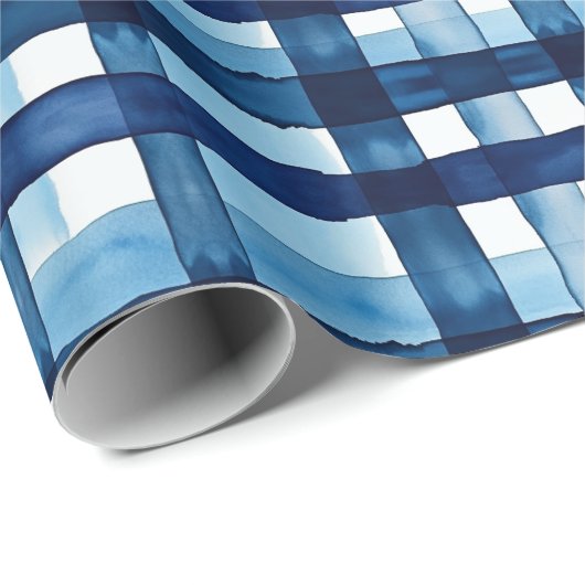 Navy blauw Plaid Waterverf patroon Cadeaupapier (Rol Hoek)