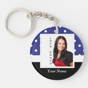 Navy blauw polka dot fotosjabloon sleutelhanger