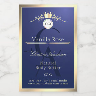 Navy-blauw productlabel goud frame logo monogram voedselcontainer etiket