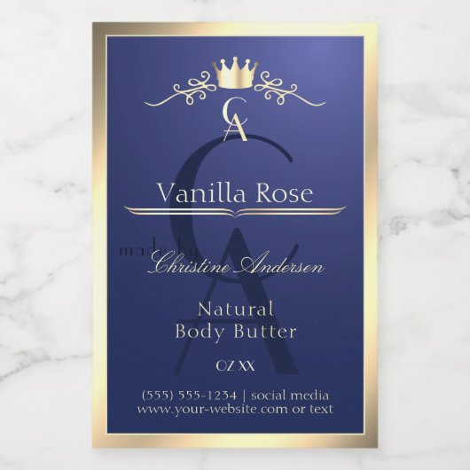 Navy-blauw productlabel met gouden frame-monogram voedselcontainer etiket (Enkel label)