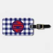 Navy Blauw Rode Cirkel Monogram Wit Geruit Doe-het Bagagelabel (Voorkant horizontaal)