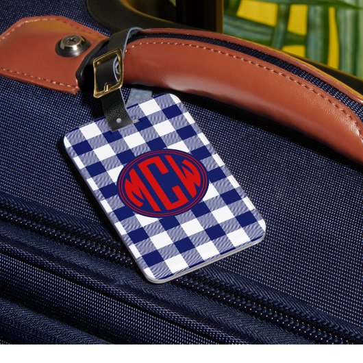 Navy Blauw Rode Cirkel Monogram Wit Geruit Doe-het Bagagelabel