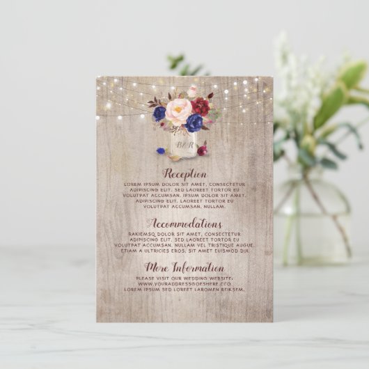 Navy Blauw Rood en Blush Rustieke Bruiloft Informa Informatiekaartje (Staand voorkant)