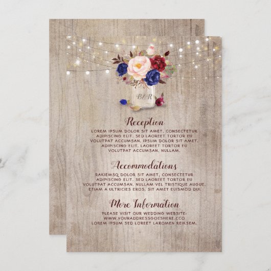 Navy Blauw Rood en Blush Rustieke Bruiloft Informa Informatiekaartje (Voorkant / Achterkant)