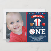 Navy Blauw Rood Honkbal Eerste Verjaardagsfeestfot Kaart (Voorkant)