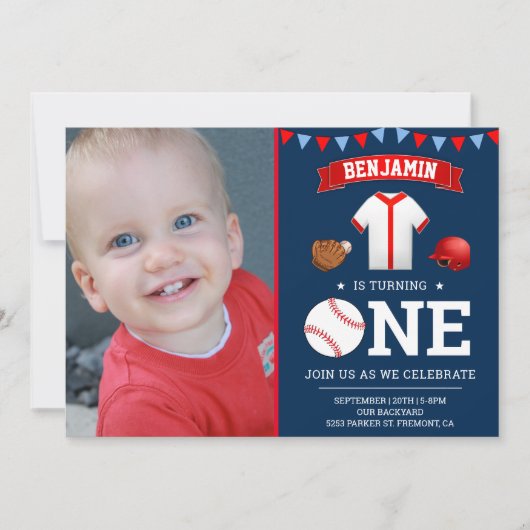 Navy Blauw Rood Honkbal Eerste Verjaardagsfeestfot Kaart (Voorkant)