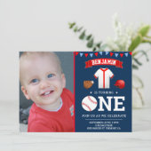 Navy Blauw Rood Honkbal Eerste Verjaardagsfeestfot Kaart (Staand voorkant)