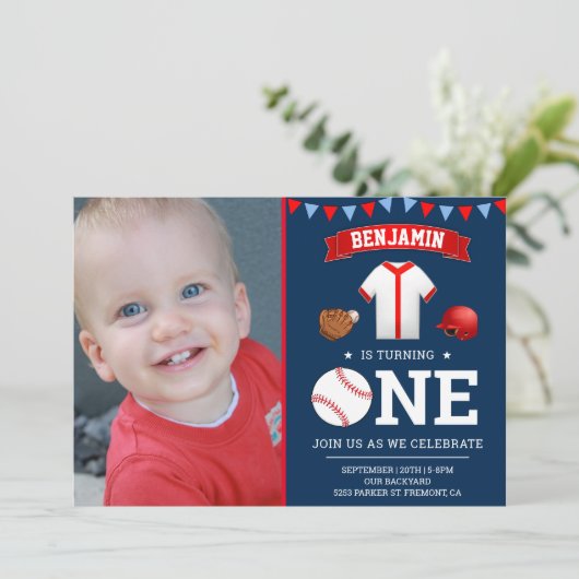 Navy Blauw Rood Honkbal Eerste Verjaardagsfeestfot Kaart (Staand voorkant)