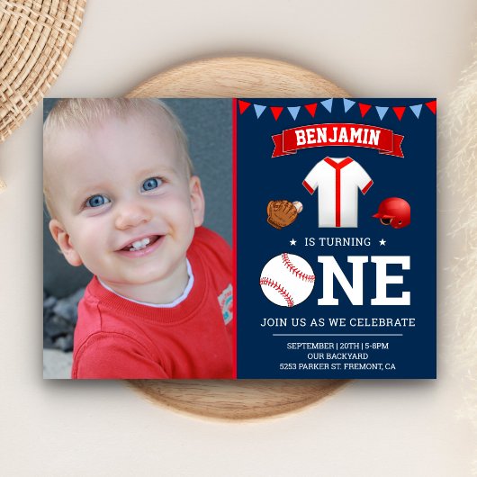 Navy Blauw Rood Honkbal Eerste Verjaardagsfeestfot Kaart