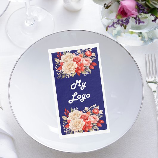 Navy blauw rood ivoor bloemen business logo servet