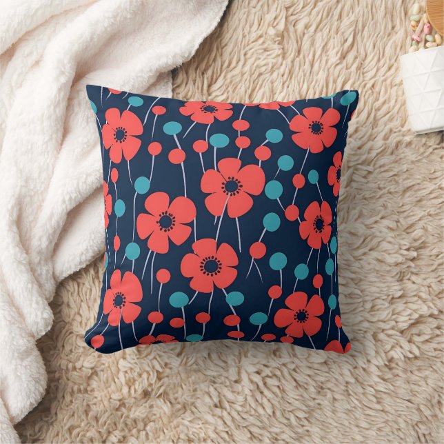 Navy Blauw Rood Klaproos Naadloze Bloemen Print Kussen (Deken)
