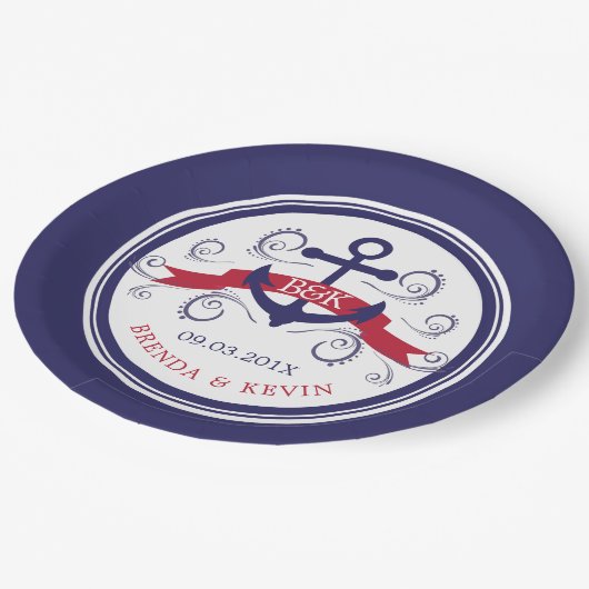 Navy-blauw & rood maritiem scheepsanker met banner papieren bordje (Gekanteld)